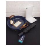 Pie dish basket, acrylic bookends and an umbrella