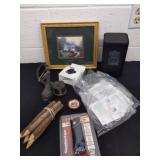 Pepper spray, rustic pencils, tiny vintage plate,