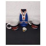 Group of sport mugs and a bottle cover