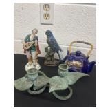 Teapot with bird ceramic and candle holders