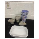 Metal buckets and wagon with rock candle holders
