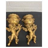 Two 14ï¿½ vintage gold-finished cherub wall pocket
