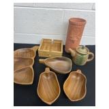 Wood food design tray,s napkin holder, terra cotta