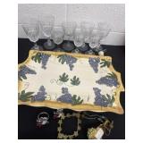 Grape plate with wine glasses and napkin rings