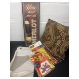 Group of flag and wine sign and throw pillow