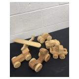5 wood toy cars and plane