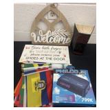 Group of home decor, alarm clock, flags and