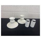 Milk glass candle holder and shakers
