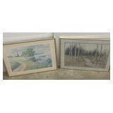 Two pictures with picture frame, one of a lake