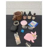 Group of oils, glasses, bracelet and more