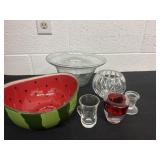 Group of glassware and watermelon bowl.