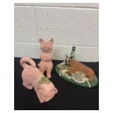 2 cat figurines and dog figurine