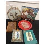 Jig saw puzzle and metal cap sign and feather