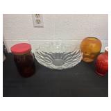 12ï¿½ glass bowl with red kerrs jar and 2 vases