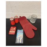 Oven mit, shakers, a&w mug, first aid kit and