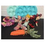Group of egg plates and vintage toys and floral