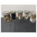5 vintage mason jar of vintage buttons