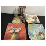 3 decor plates and ash trays vase and figurines