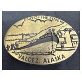vintage brass belt buckle commemorates Valdez,