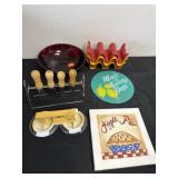 Cute kitchen items and red glass bowl