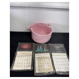 3 vintage calendars with pink basket