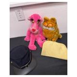 Garfeild stuffed animal and pink panther hat and