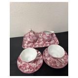 porcelain tea set features a pink rose chintz