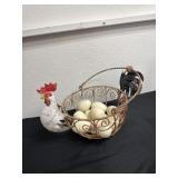 13' rooster egg basket with fake eggs