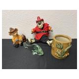 2 fire fighter figurines and glass fish and
