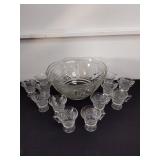 13.5 in glass punch bowl with stemmed glasses
