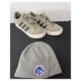 Adidas size 9 shoes with bsu beanie