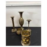 Group of brass candle  holder and vase