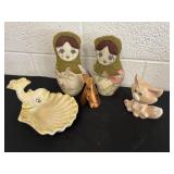 Whale dish, figurines and bean bag dolls
