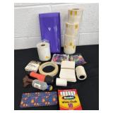 Group of stickers and erasers and chalk and more