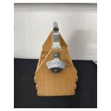 Wood drink caddy with opener.
