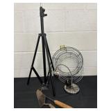 Tripod, desk lamp, wreath and yard tools