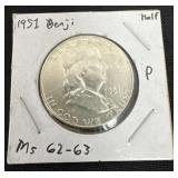 1951 p ben Franklin silver half dollar