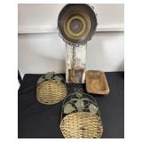 Yard art and metal wall decor and wood bowl