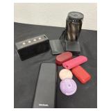 Group of speakers and headphone and