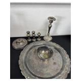 Group of silver plated tray and candle holders