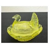 2ï¿½ vintage yellow vaseline glass turkey on a nest