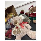 Large box of plushy, animals, and bear holiday