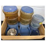 3 water and food containers with wood crate needs
