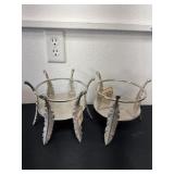 Pair of feather design metals sphere plant stands