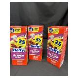 Three boxes of hefty slide quart bags, 25 per box