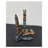 Native American wood carved totem, poles, and