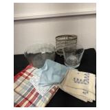 Glass bowl, Crystal vase with napkins, placemats,