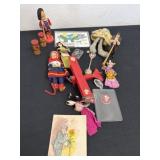 Box of vintage tins, handmade figurines, plastic,