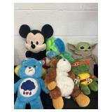 Group of Plushes, Mickey, Yoda, Carebear and more