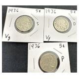 1936 Buffalo, nickel P, D, s set